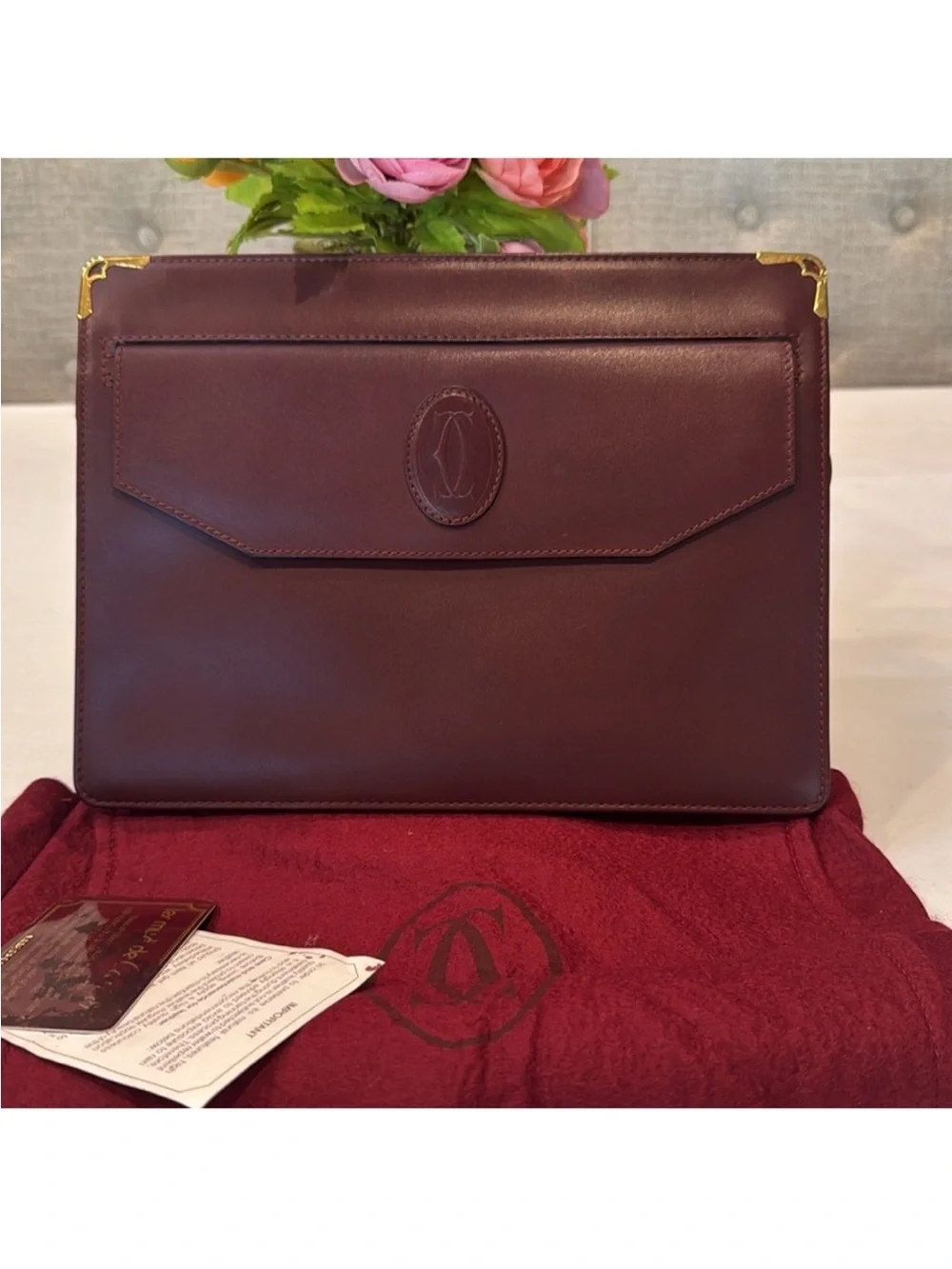 Authentic Cartier Leather Clutch with Gold-Tone Corner Accents